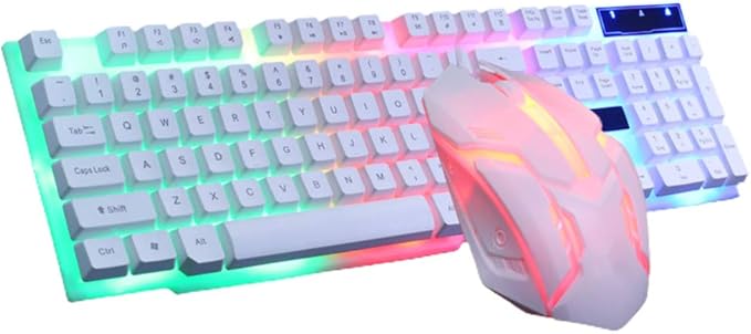 LED Backlit Gaming Keyboard and Mouse Combo for PC Desktop Laptop Colorful Glowing Mouse and Fast Response Velocity (White)