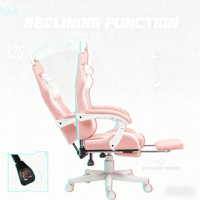 Cute Cat Ears Gaming Chair Girly Ergonomic Computer Chair with High Back 360° Swivel Office Computer Chair with Footrest and Paw Lumbar Cushion for Teens Girls Women (Pink White)