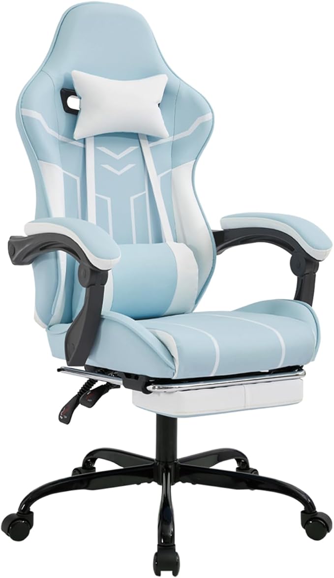 Blue Gaming Chair Ergonomic Computer Chair with Footrest ＆ Lumbar Support Height Adjustable Game Chairs with 360°-Swivel Seat and Headrest for Adults Office