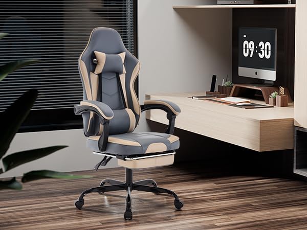 Gaming Chair with Headrest and Lumbar Support High Back Computer Office Desk Chair with Footrest 360° Swivel Height Adjustable Recliner Game Chair (Beige Blue)