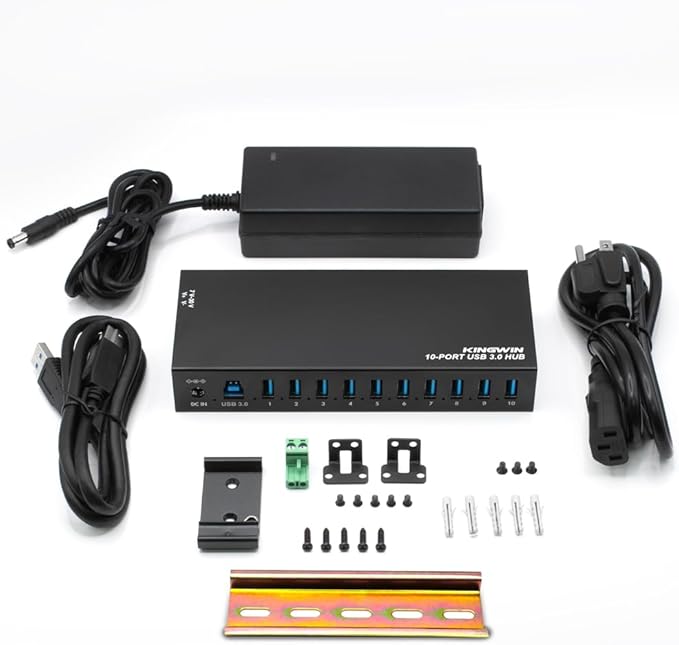Kingwin Industrial USB 3.0 Hub 10-Port Heavy-Duty Metal Mountable USB Hub with Power Adapter 5Gbps SuperSpeed Powered USB Splitter for PC Laptop Mac POS Systems &amp Factory Automation