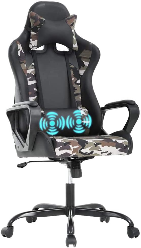 PC Gaming Chair Office Racing Desk Chair With Lumbar Support Arms Headrest Massage - High Back PU Leather Ergonomic Computer Chair Adjustable Swivel for Women Men Adult Camo