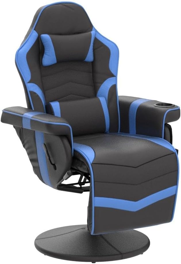 Gaming Chair Reclining Gaming Chair with Footrest PU Leather Game Chair Recliner with Massage Swivel Recliner Gaming Chairs for Adults with Cup Holder Lumbar Support Side Pouch (Blue)