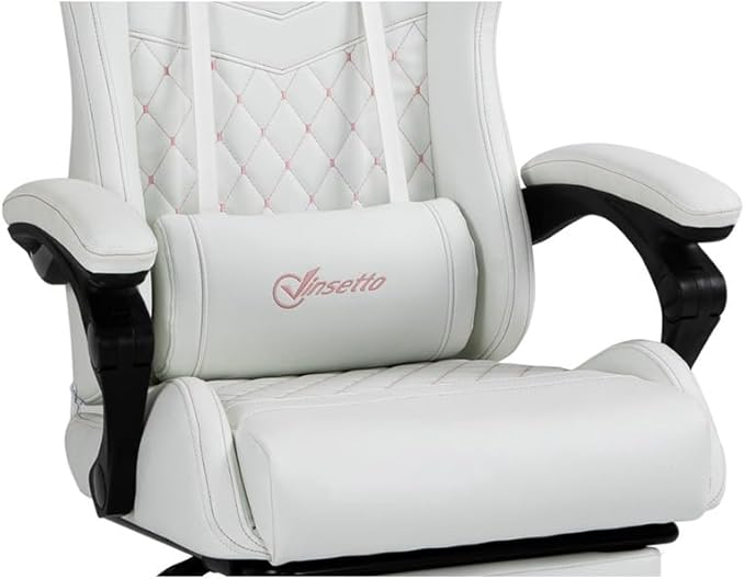 Gaming Chair Ergonomic PU Leather Office Chair High Back Swivel Recliner with Footrest Lumbar Support Adjustable Height 360° Rotation (White)