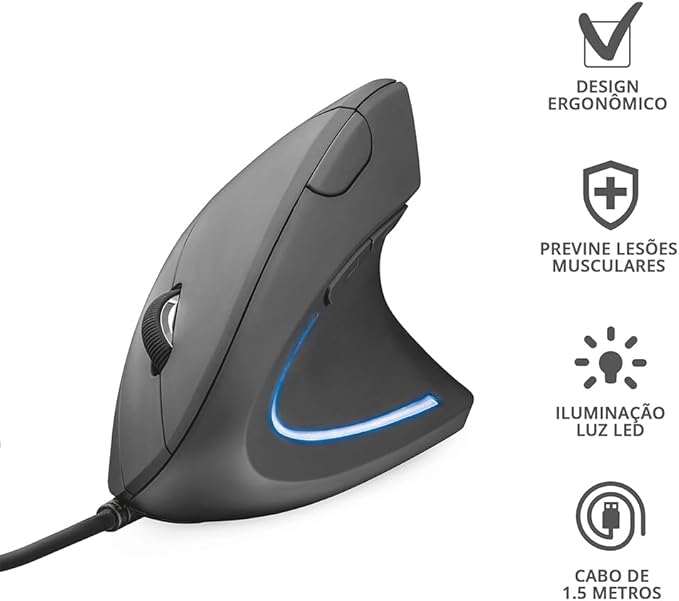 Trust Verto Wired Ergonomic Mouse Vertical Mouse with LED Illumination 1000-1600 DPI 6 Buttons for Right Hand Users Computer Mouse for PC and Laptop - Black