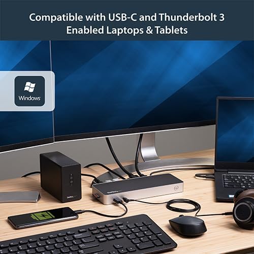 StarTech USB C Dock - Dual Monitor HDMI &amp DisplayPort 4K 30Hz - Laptop Docking Station 60W Power Delivery SD 4-Port USB-A 3.0 Hub GbE Audio - Thunderbolt 3 Compatible (DK30CHDDPPD)