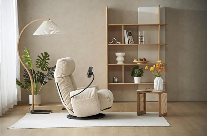 360 Degree Swivel Floor Chair with Adjustable Headrest &amp Backrest Folding Floor Gaming Chair with Phone Holder &amp Built-in Spring Seat Bag for Home Office 5 Adjustable Position Beige