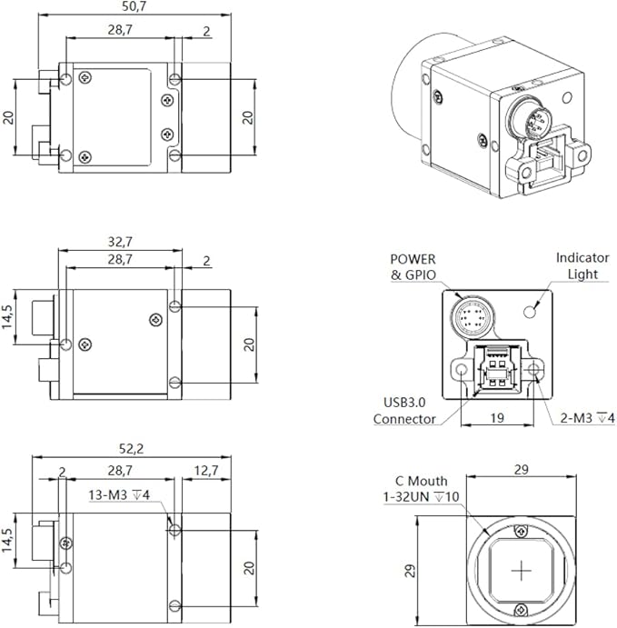 High Speed USB3.0 Color 2.3MP 1/1.2 Machine Vision Global Shutter Digital Industrial Camera C-Mouth Supports Windows and Linux SDK Indoor Area Scan Camera 1920x1200 165FPS