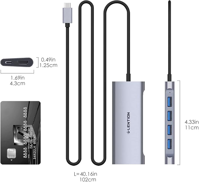 LENTION USB C Hub 6-in-1 USB C Dongle with 3.3ft Long Cable 4-Port USB 3.0 Hub 4K HDMI Adapter 100W PD Charging for MacBook Pro/Air Dell XPS HP Chromebook Steam Deck (C35-1M Space Gray)