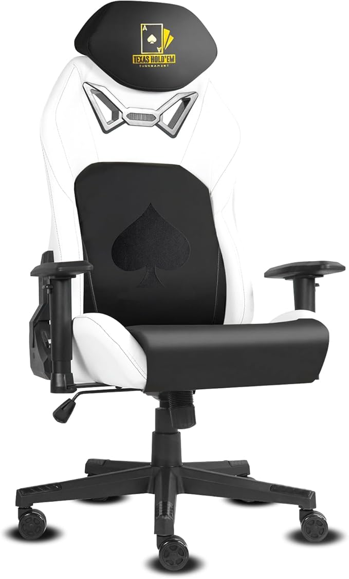 Ergonomic Video Poker Gaming Chair Recliner with Texas Hold'em Sign Swivel Chair with Poker Logo Lumbar Support Headrest Height Adjustable for Study Home Office White Black Poker 3