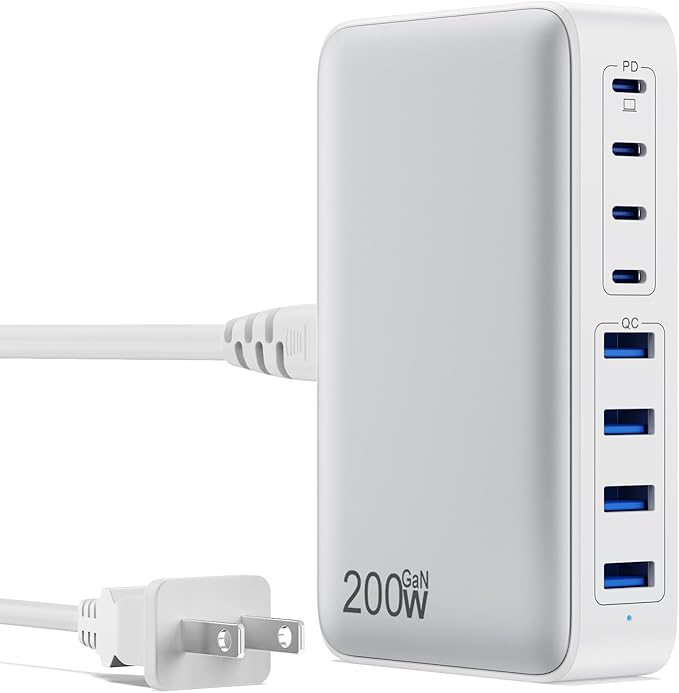 USB C Charger 200W USB C Charger BlockUpgraded GaN III 8-Port Fast Charging Station HubPD 65W Laptop Charging Adapter Compatible with MacBook Pro/AirDELLSteam DeckiPhone 16/15/14Galaxy S23/22