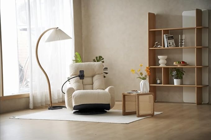 360 Degree Swivel Floor Chair with Adjustable Headrest &amp Backrest Folding Floor Gaming Chair with Phone Holder &amp Built-in Spring Seat Bag for Home Office 5 Adjustable Position Beige