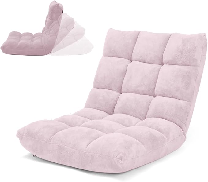 BETTARY Floor Chair with Back Support 14-Position Adjustable Lazy Floor Sofa with Memory Foam Padding Couch Recliner for Adults Folding Sleep Bed for Reading Meditating Gaming (Light Pink)