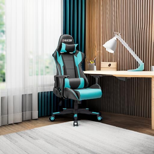 Homall Gaming Chair Office Chair High Back Computer Chair Leather Desk Chair Racing Executive Ergonomic Adjustable Swivel Task Chair with Headrest and Lumbar Support(Cyan)