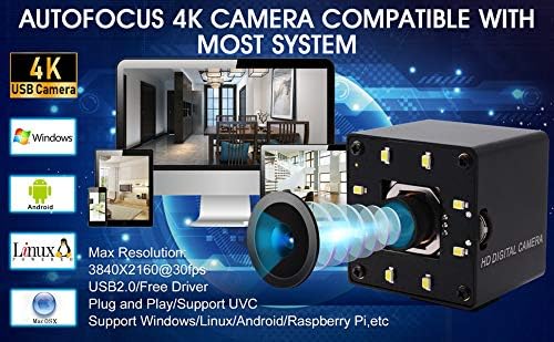 4K USB Camera Autofocus with Microphone Day Night Vision Wide Angle 4K Video Audio Webcam for Computer USB2.0 PC Camera with White LEDs Mini UVC USB with Camera for Raspberry Pi Android Mac Laptop