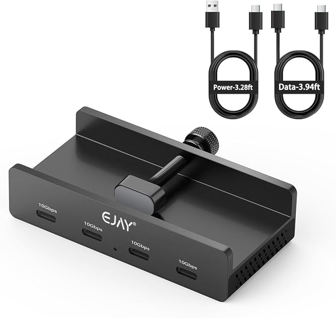 10Gbps USB C Hub - EJAY 4Ports Aluminum USB 3.2 Docking Hub Clamp Design for Desk/Computor with Extra Power Supply Port and 47inches Long Data Cable&amp39inches Power Cable(Black)