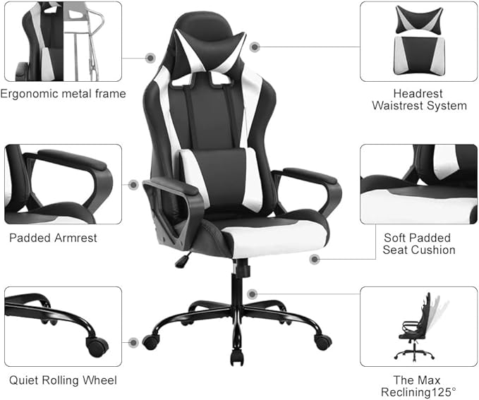 Ergonomic High Back Gaming Chair &amp Office Chair PU Leather &amp Adjustable &amp Easy Assembly &amp BIFMA Certified for Home/Office (Gray) (White)