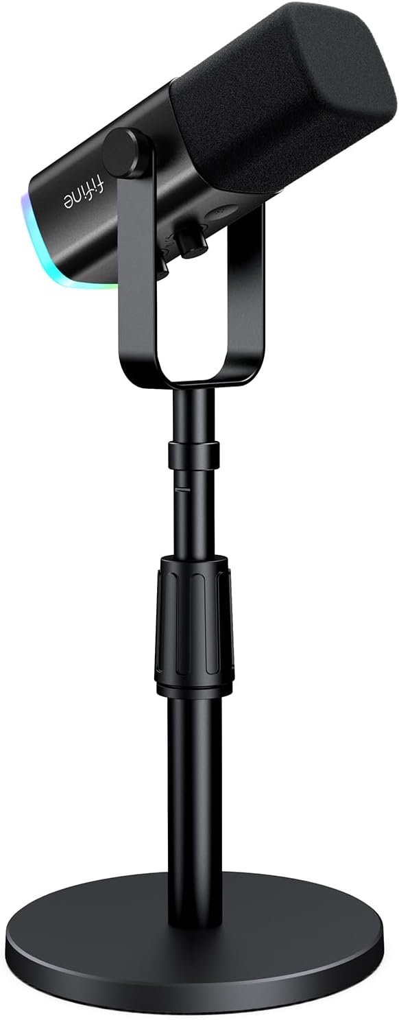 FIFINE XLR/USB Gaming Microphone with Desktop Mic Stand Kit Streaming Dynamic Microphone with RGB Gain Knob Headphone Jack Adjustable Table Mic Stand for Recording Podcast Voice-Over-AM8+BS1