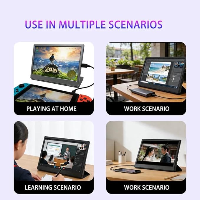Portable Monitor 15.6'' 1920x1080 Second IPS External Monitor for Laptop 16:9 60Hz HDR Plug-Play HDMI USB-C Computer Display for Laptop PC Phone Tablet Switch