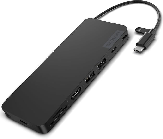 Lenovo USB-C Slim Travel Dock 8 Ports Up to 65W PD Pass Through Integrated USB-C Cable 4K Display Support Black