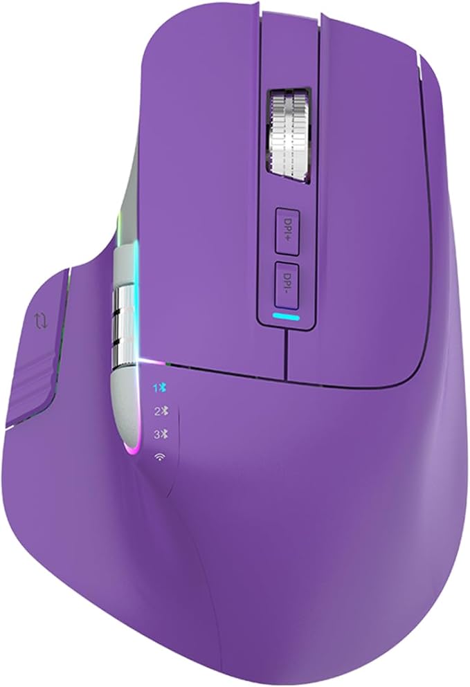 Wireless Gaming Mouse Tri-Mode 2.4Ghz/Bluetooth 5.2/Wired USB-C with Two Scroll Wheels RGB LED Backlit 4-Level DPI Rechargeable Ergonomic Optical Mice for Computer/Laptop/Office/Gamer Purple