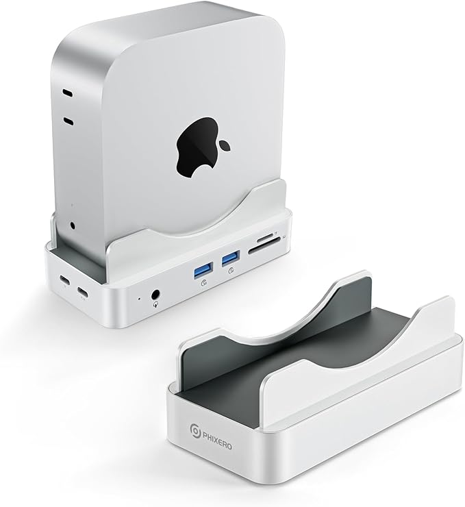 PHIXERO Mac mini M4 Dock and Stand with Up to 8TB M.2 NVMe SSD Enclosure 6-in-1 Aluminum Hub 10Gbps USB-A&ampC SD/TF Reader Stand Docking Station for Mac mini M4/M4 Pro