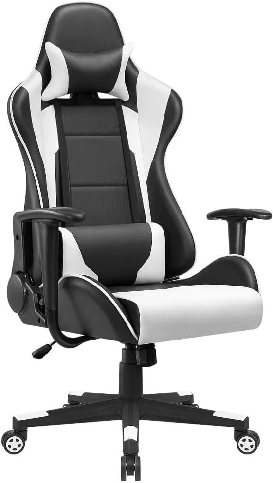 Ergonomic High Back Office Chair with Reclining Swivel Leather Gaming Chair with Headrest and Footrest Adjustable Height White Office Chair