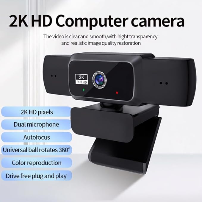 Hprosper 2K Webcam with Microphone &amp Light Correction Autofocus USB Computer Camera with Privacy Cover Wide Angle for PC Laptop Mac Zoom Conference Room Streaming Gaming Video Calls