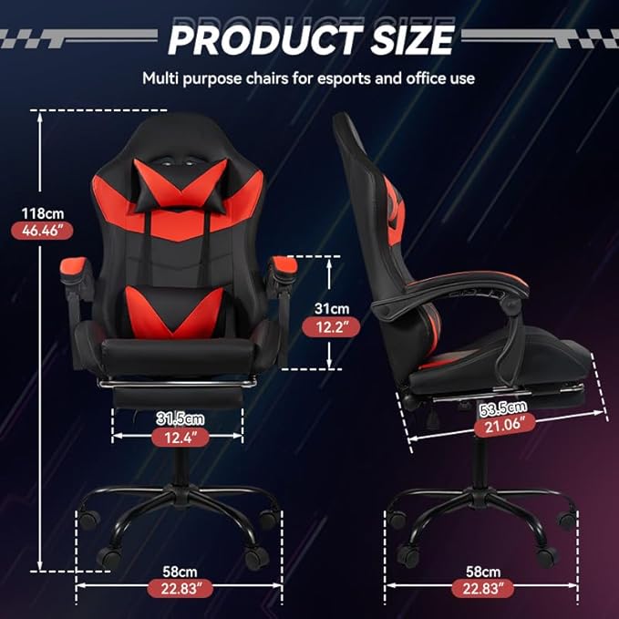 Ergonomic Gaming Chair with RGB Lighting - PU Leather &amp Adjustable Armrests 300lbs+ Capacity Remote Control LED Strips Aluminum Structure Computer Chair for Home Office (Black and Red)