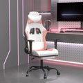 White and Pink Faux Leather Gaming Chair with Retractable Footrest Ergonomic Computer Desk Seat for Adults Swivel Reclining Office Chair with Lumbar Support