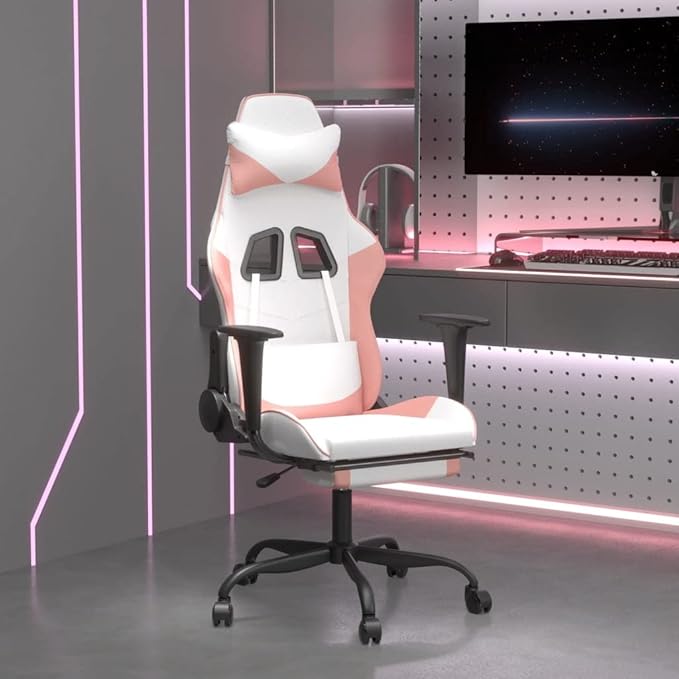 White and Pink Faux Leather Gaming Chair with Retractable Footrest Ergonomic Computer Desk Seat for Adults Swivel Reclining Office Chair with Lumbar Support