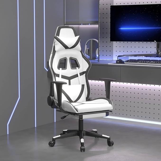Massage Gaming Chair with Retractable Footrest White &amp Black Faux Leather Ergonomic Reclining Computer Desk Chair for Adults