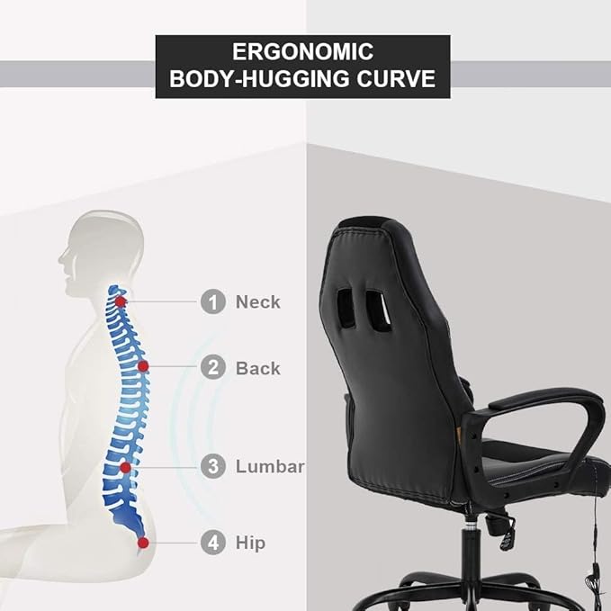 Racing Gaming Chair Ergonomic Video Game Chair with Massage Lumbar Support Headrest Armrest High-Back Adjustable PU Leather Rolling Swivel Computer Desk Chair for Home Office (Black)