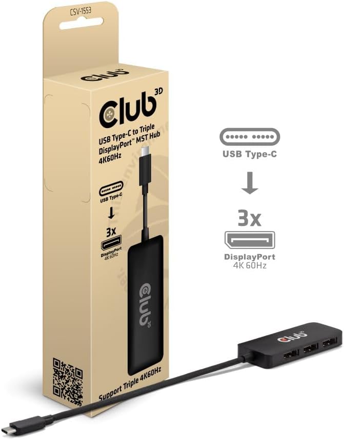 Club 3D CSV-1553 USB Type C(DP Alt-Mode 2.1) to DisplayPort Triple Monitor 4K60Hz M/F MST hub