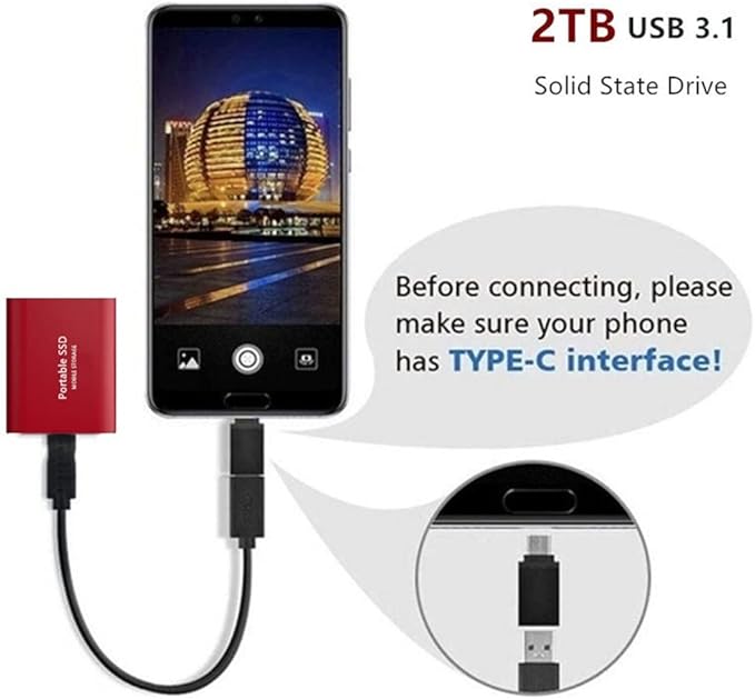Type-c USB 3.1 SSD Portable Flash Memory 4TB SSD Hard Drive Portable SSD External SSD Hard Drive for Laptop Desktop (Color : Red Size : 4TB)