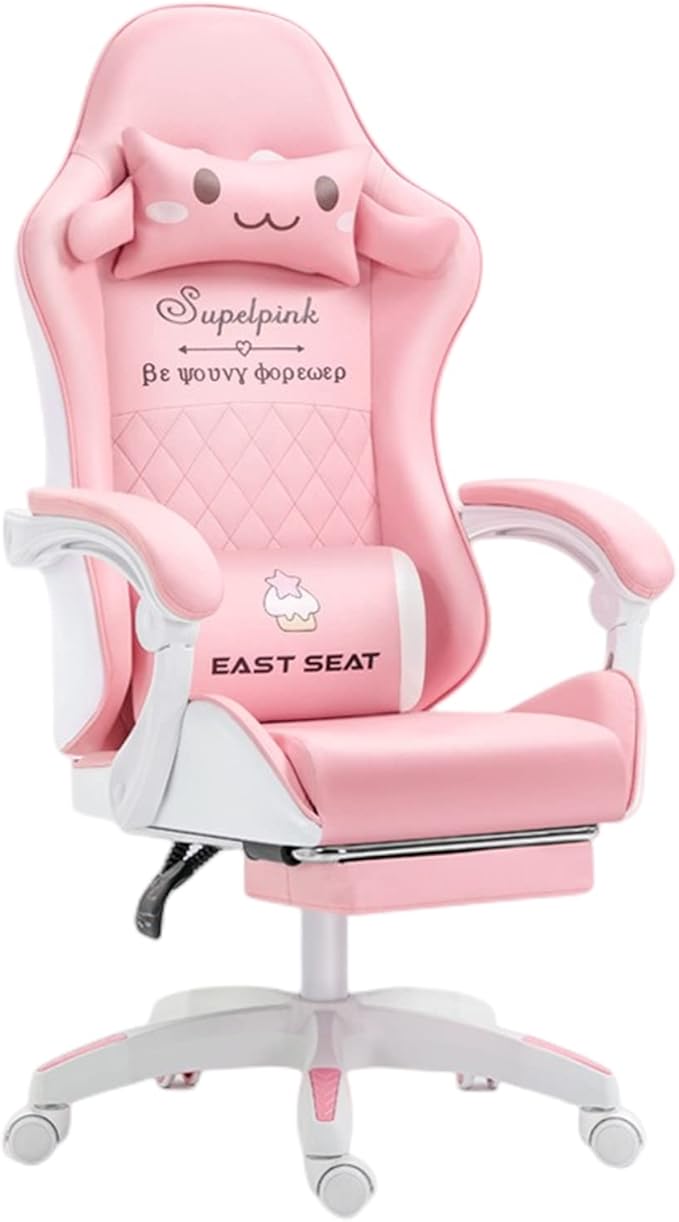 Gaming Chairs for Adults with 360°-Swivel Seat Headrest Massage Computer Chair with Height Adjustable Lumbar Support Footrest for Office Gaming Girl (Pinkfootrest)