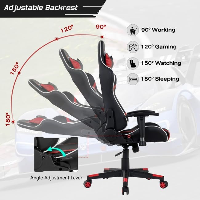 Gaming Chair with Electric Lumbar Massage 330lb Load 90°–180° Recline Range 360° Swivel Height-Adjustable Seat 5-Claw Stability Base Premium Faux Leather 5 Color Variants