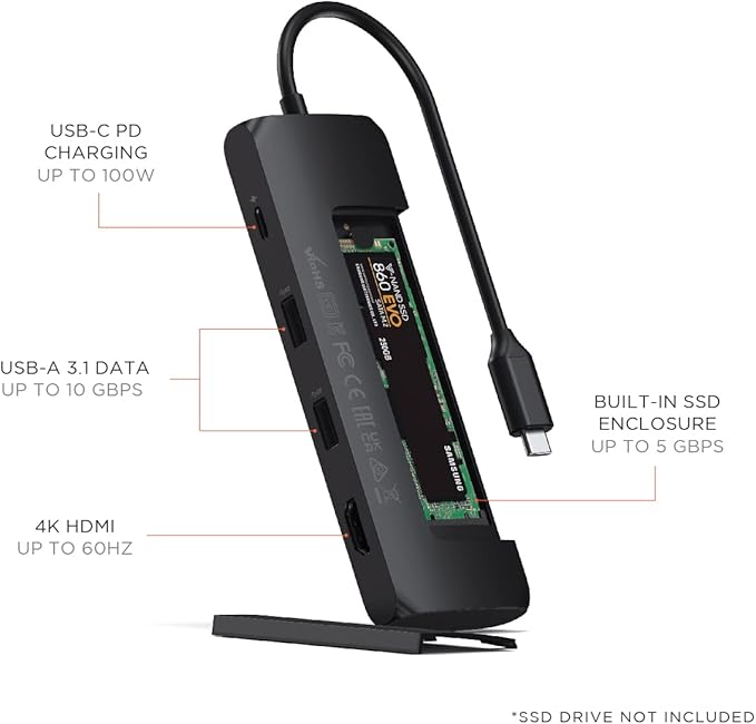 Satechi USB C Hub Multiport Adapter with M.2 SATA SSD Enclosure 4K HDMI 100W USB C PD Charging 2 USB-A Data Ports for MacBook &amp Windows - Black