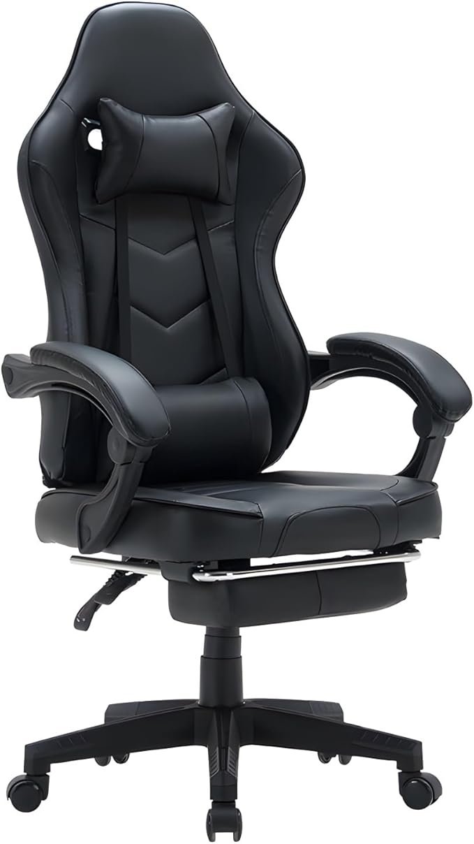 Ergonomic Video Game ChairsPu Leather Video Game Chairs for Adults 360°Swivel Adjustable Office Chair Gamer Chairwith Footrest Comfortable Game Lumbar Headrest Backrest RecliningBlack