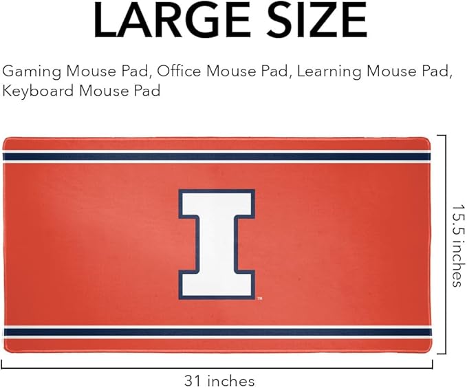 University of Illinois Fighting Illini Primary Logo Stripes Large Gaming Mouse Pad Desk Mat with Stitched Edges Non-Slip Base for Gamer Home and Office 31.5 x 15.7
