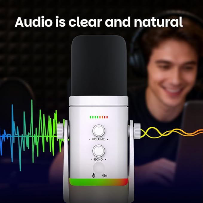 USB/XLR Desktop Dynamic Microphone with RGB Light Noise Reduction &amp Mute Button for Podcast Recording PC Computer Gaming Streaming Mic with RGB Light Mute Button Headphones Jack (White)