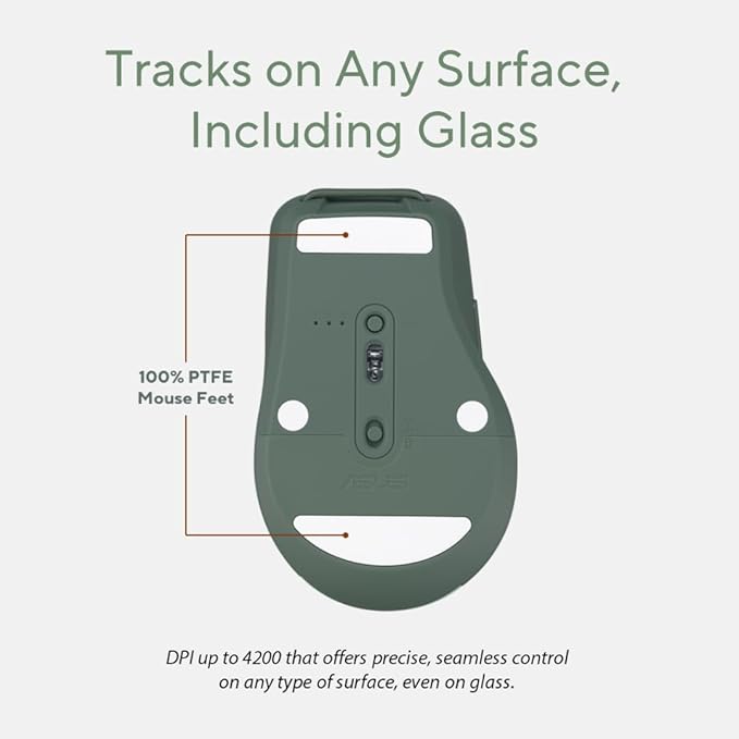 ASUS Wireless SmartO Mouse Silent Plus – Dual Mode (BT/2.4GHz) up to 3 Devices Ergonomic 4200 DPI AA Battery Lasts up to 1 Year Quiet Switches Portable for Productivity/Gaming - Green Tea Latte