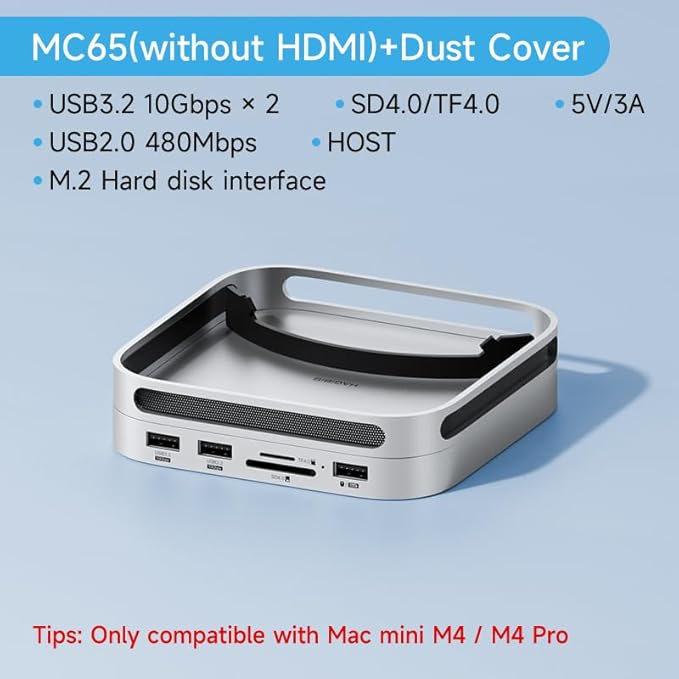 Hagibis Mac mini M4 Hub with M.2 SSD Enclosure &amp Dustproof Stand USB-C Docking Station with M.2 NVMe SSD Case SD4.0 Micro SD 4.0 10Gbps USB3.2 for Mac mini M4 Pro (MC65)