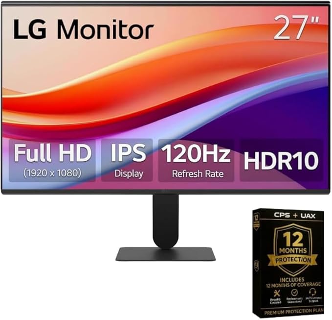 LG 24 Inch IPS FHD (1920 x 1080) 120Hz HDR10 Flicker Safe Monitor with Slim Stand + 12 Month CPS Protection Plan1080p 1ms MBR AMD FreeSync Eye Comfort Tilt Adjustable &amp Reader Mode (24 Inche