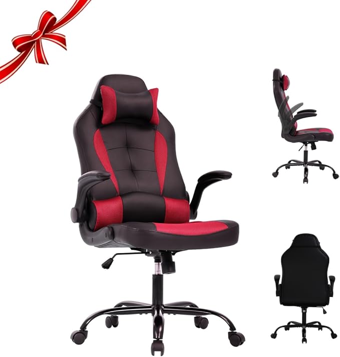 Video Gaming ChairErgonomic Computer Office Desk Chair with Lumbar Support Flip Up Arms Adjustable Height Swivel PU Leather Executive with Wheels for Kids Adults Women Men Gaming Home Office(Red)