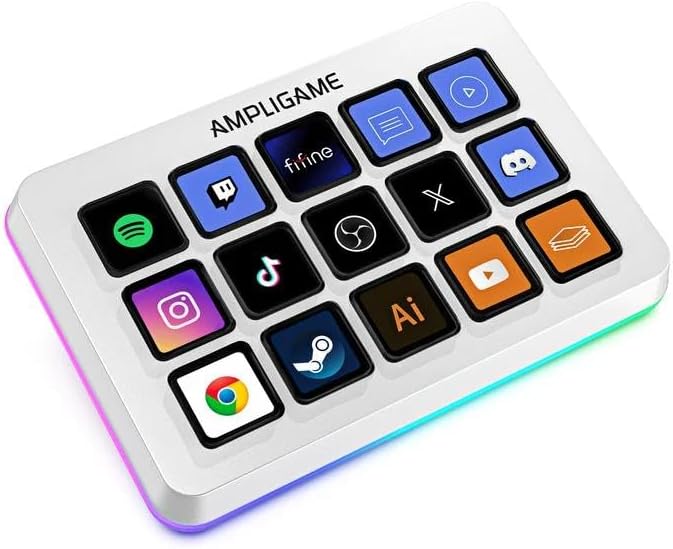 FIFINE AmpliGame Gaming Controller with 15 Shortcuts for OBS Streaming Studio with Macro Keys Trigger Actions PC Media RGB Controller for Content Creation/Office Work-D6 White