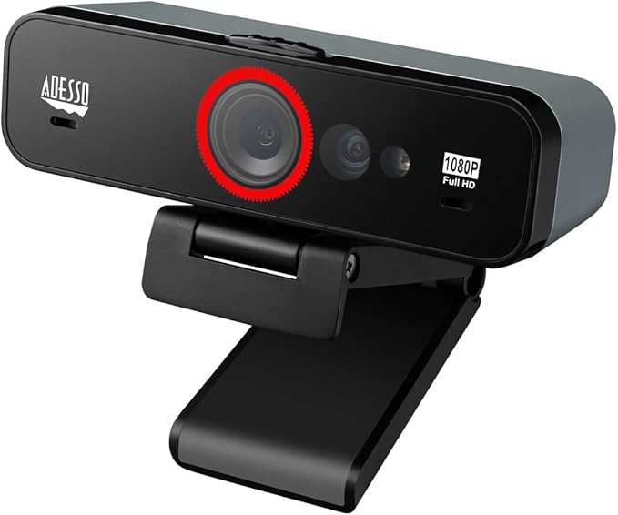 Adesso CyberTrack F1 1080P HD Fixed Focus USB Windows Hello Webcam Camera for Desktop PC Built-in Dual Microphone Privacy Shutter Audio/Video Mode Privacy ON/Off Switch &amp Tripod Mount