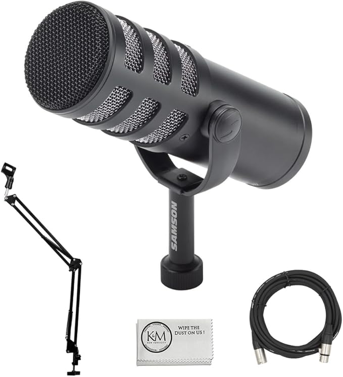 SAMSON Q9x Dynamic Broadcast Microphone Bundled with XLR Cable + Microphone Arm + Cleaning Cloth (4 Items)
