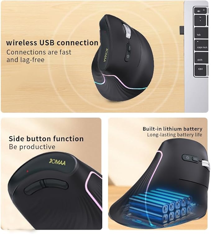 JOMAA Wireless Vertical Mouse Multi-Device Bluetooth 5.2 &amp 2.4G Ergonomic Mouse with RGB Lighting 4000 CPI 500mAh Rechargeable for Laptop PC Computer Mac WindowsAndroid Desktop