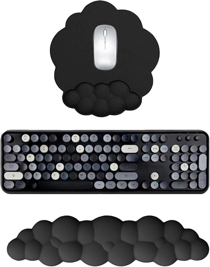 Cloud Keyboard Wrist Rest and Mouse Wrist Rest Kawaii Memory Foam Wrist Support Mouse Pad for Typing Pain Relief Cloud Palm Rest with Mousepad Non-Slip Base for Home Office Computer Laptop (Black)